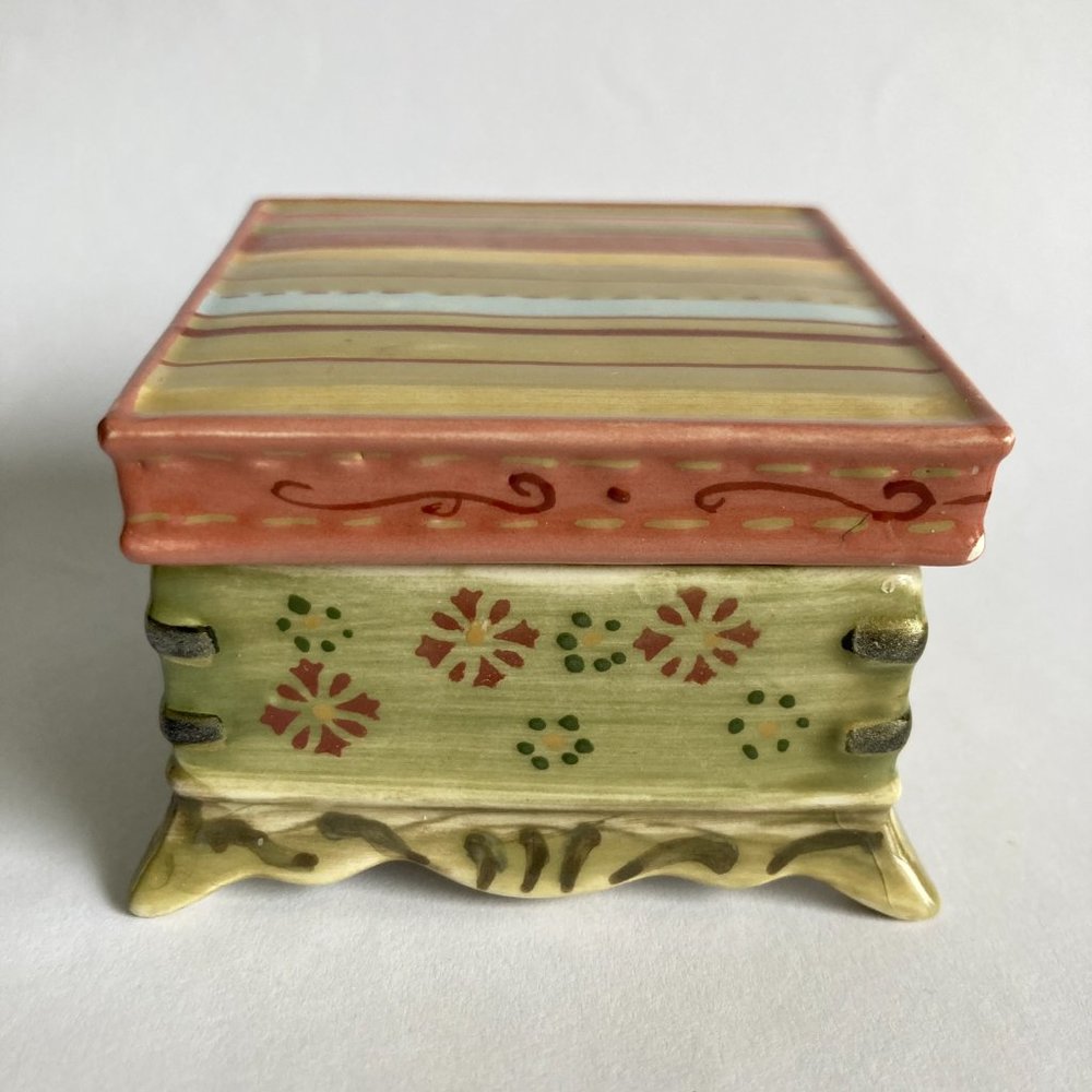 Vintage Tracy Porter Trinket Box Ceramic Stripes Flowers Green Small Jewelry